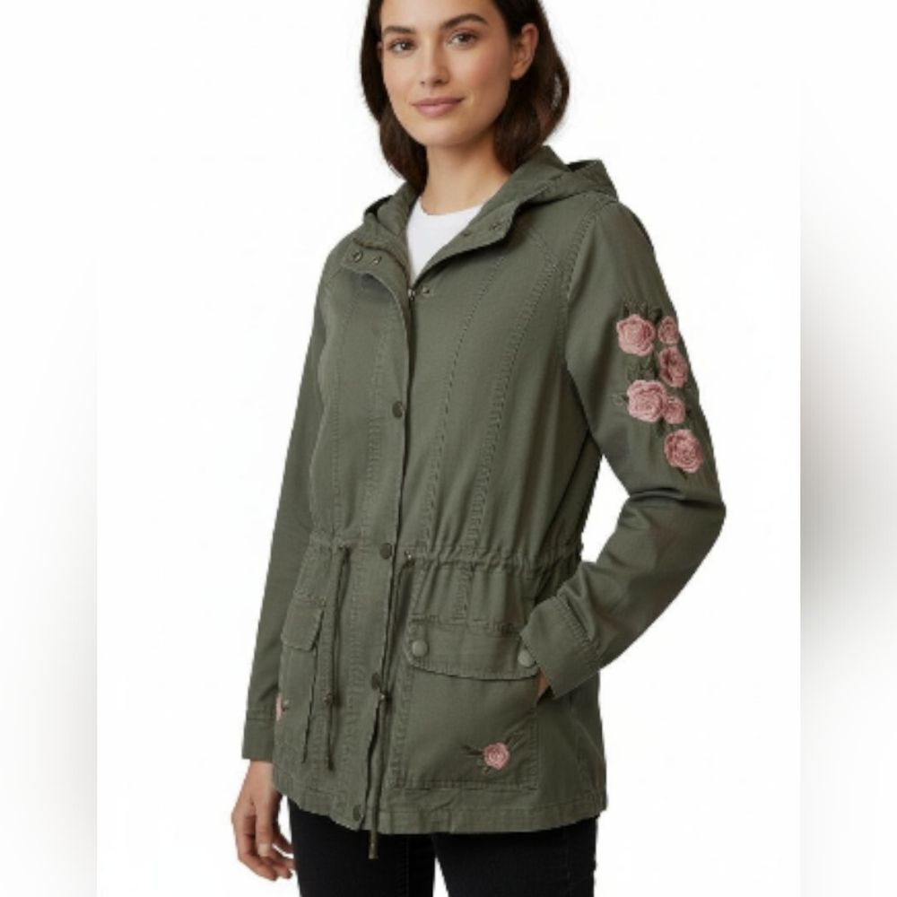 Ashley by 26 International Green Hooded Jacket with Pink Rose Embellishments szL